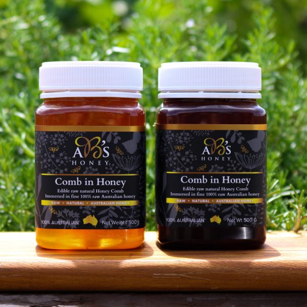 Jars of dark honeycomb and light honeycomb