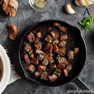 Hot honey steak bites recipe image